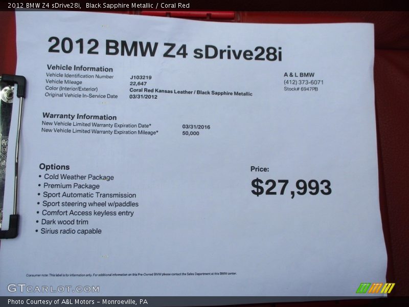 Black Sapphire Metallic / Coral Red 2012 BMW Z4 sDrive28i