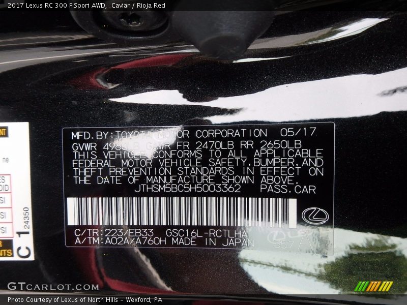 2017 RC 300 F Sport AWD Caviar Color Code 223