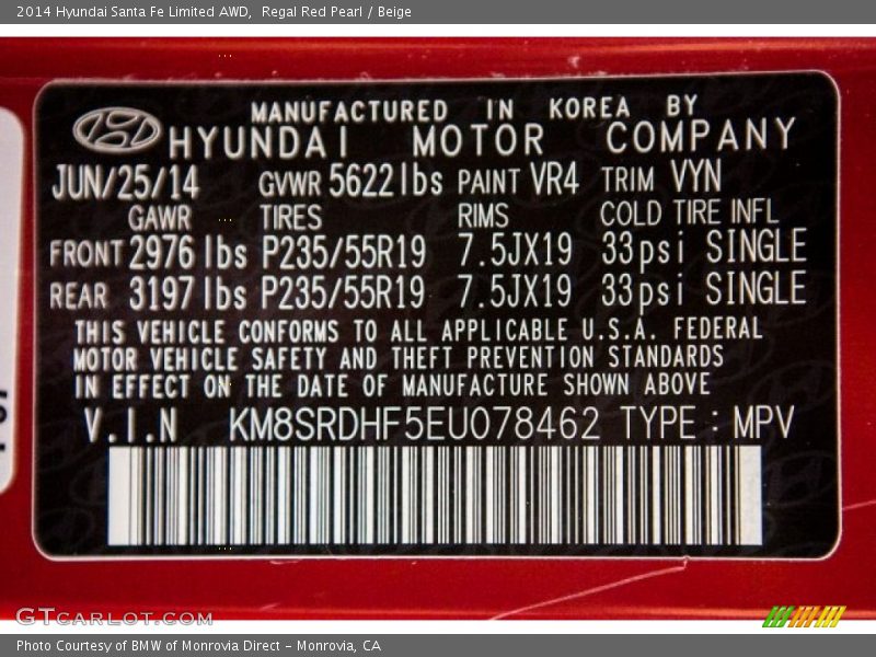 Regal Red Pearl / Beige 2014 Hyundai Santa Fe Limited AWD