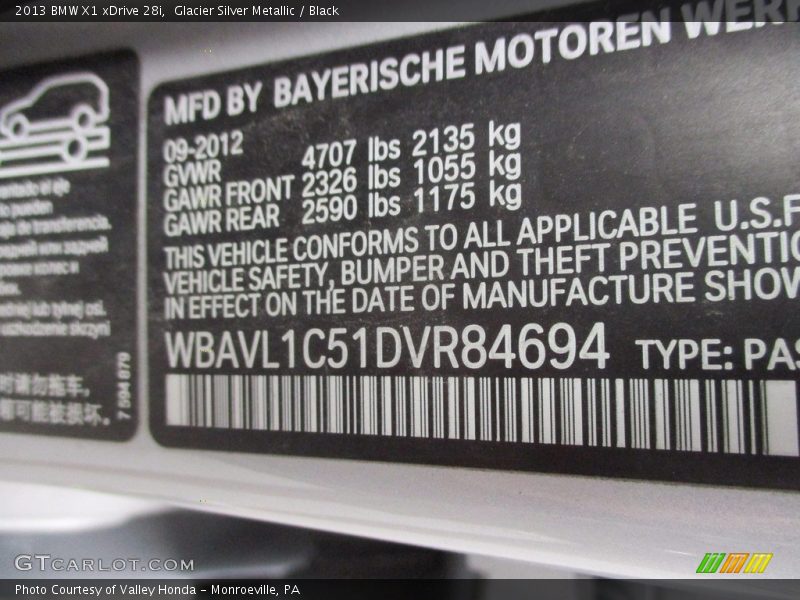 Glacier Silver Metallic / Black 2013 BMW X1 xDrive 28i