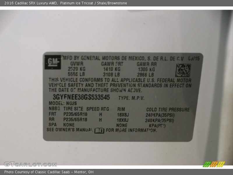 Platinum Ice Tricoat / Shale/Brownstone 2016 Cadillac SRX Luxury AWD