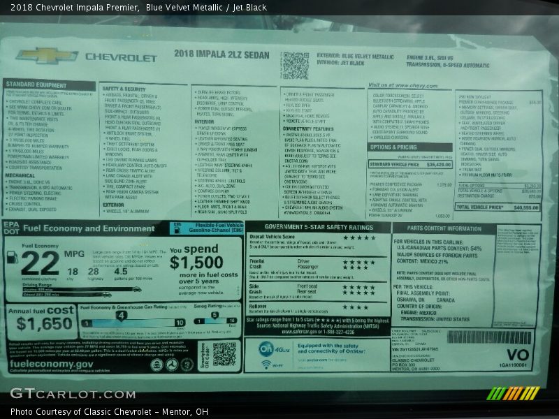 Blue Velvet Metallic / Jet Black 2018 Chevrolet Impala Premier