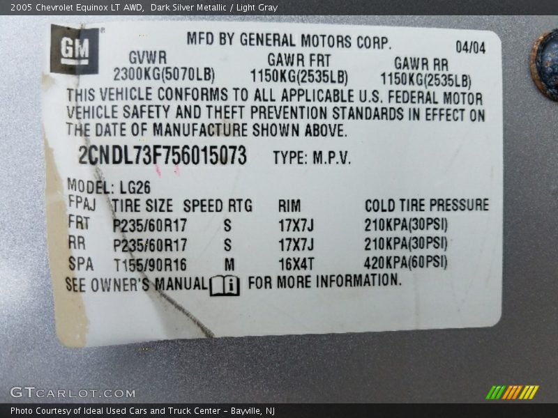 Dark Silver Metallic / Light Gray 2005 Chevrolet Equinox LT AWD