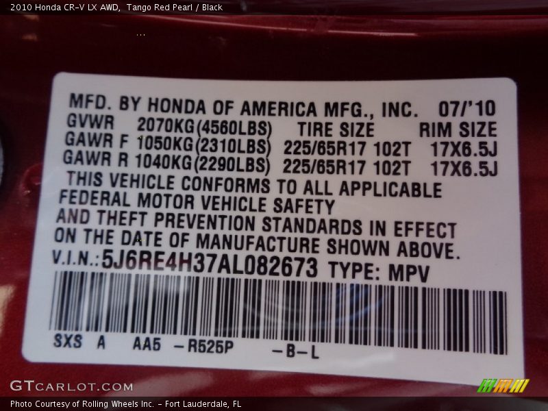 Tango Red Pearl / Black 2010 Honda CR-V LX AWD