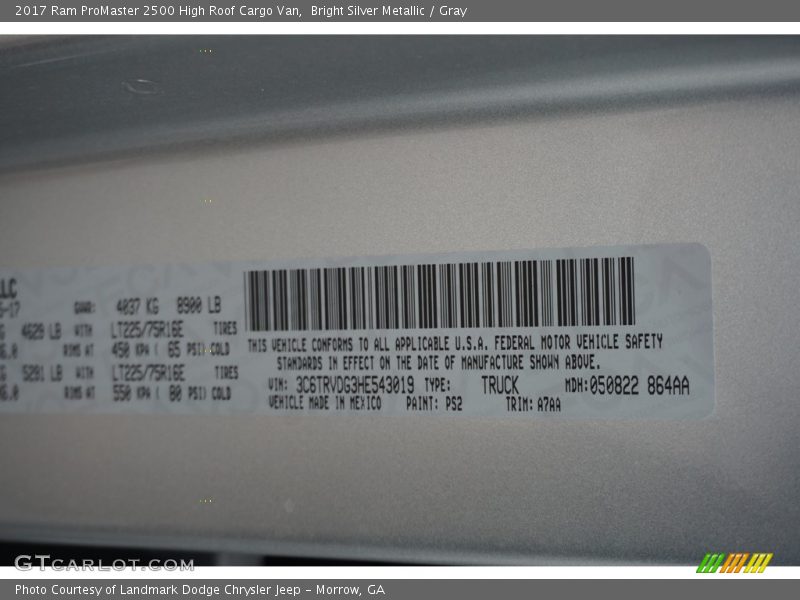 Bright Silver Metallic / Gray 2017 Ram ProMaster 2500 High Roof Cargo Van