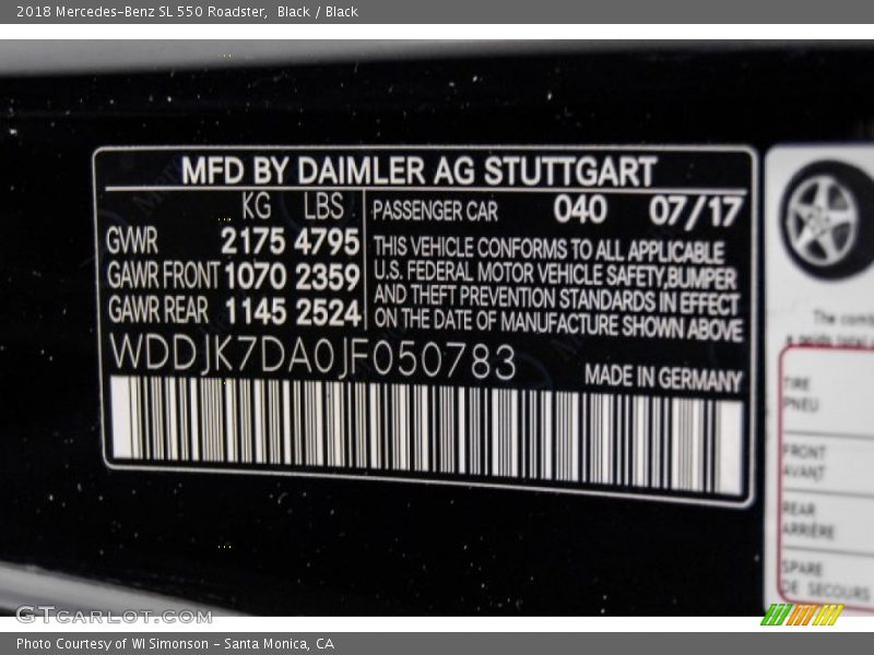 2018 SL 550 Roadster Black Color Code 040
