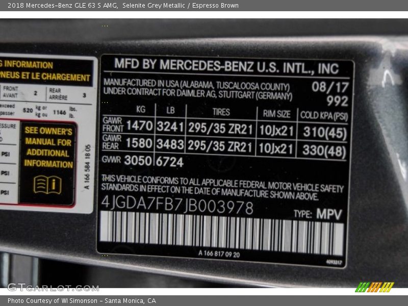 2018 GLE 63 S AMG Selenite Grey Metallic Color Code 992