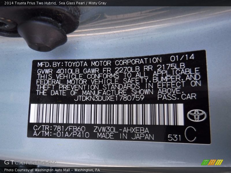 2014 Prius Two Hybrid Sea Glass Pearl Color Code 781