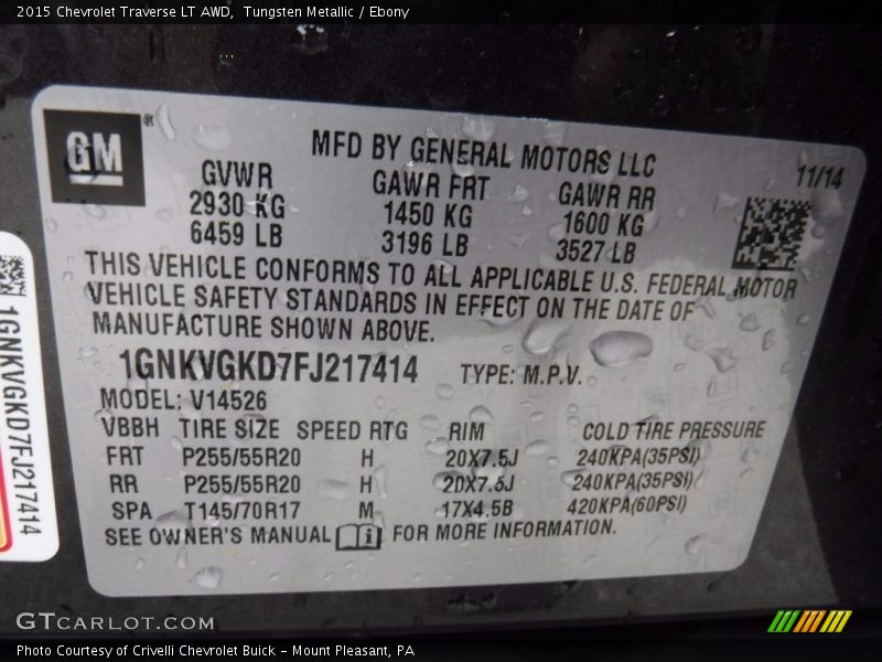 Tungsten Metallic / Ebony 2015 Chevrolet Traverse LT AWD