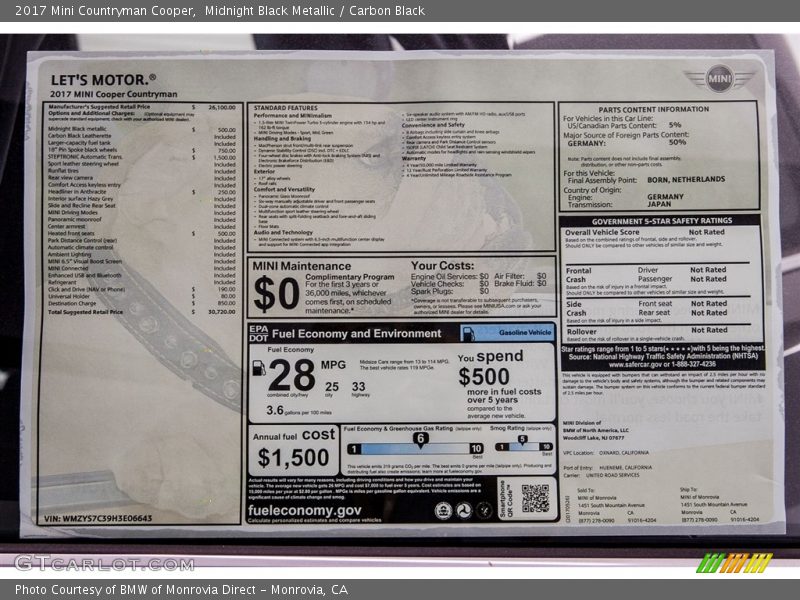 Midnight Black Metallic / Carbon Black 2017 Mini Countryman Cooper