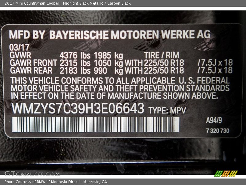 Midnight Black Metallic / Carbon Black 2017 Mini Countryman Cooper