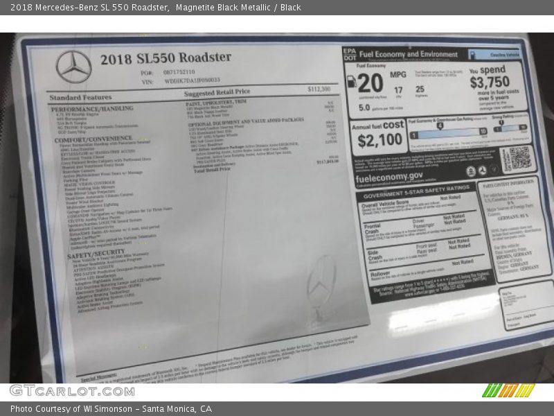  2018 SL 550 Roadster Window Sticker