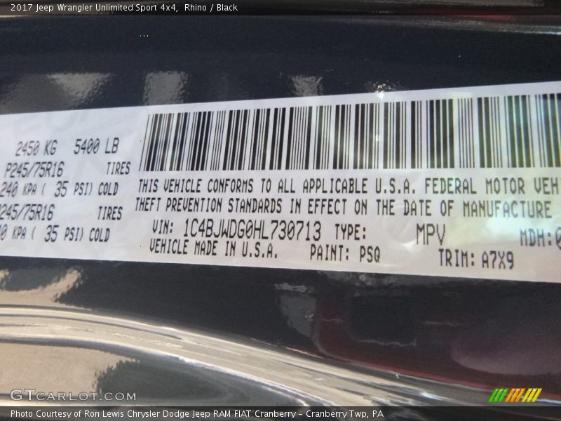 Rhino / Black 2017 Jeep Wrangler Unlimited Sport 4x4