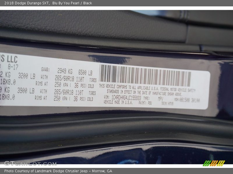2018 Durango SXT Blu By You Pearl Color Code PBU