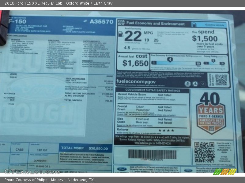  2018 F150 XL Regular Cab Window Sticker