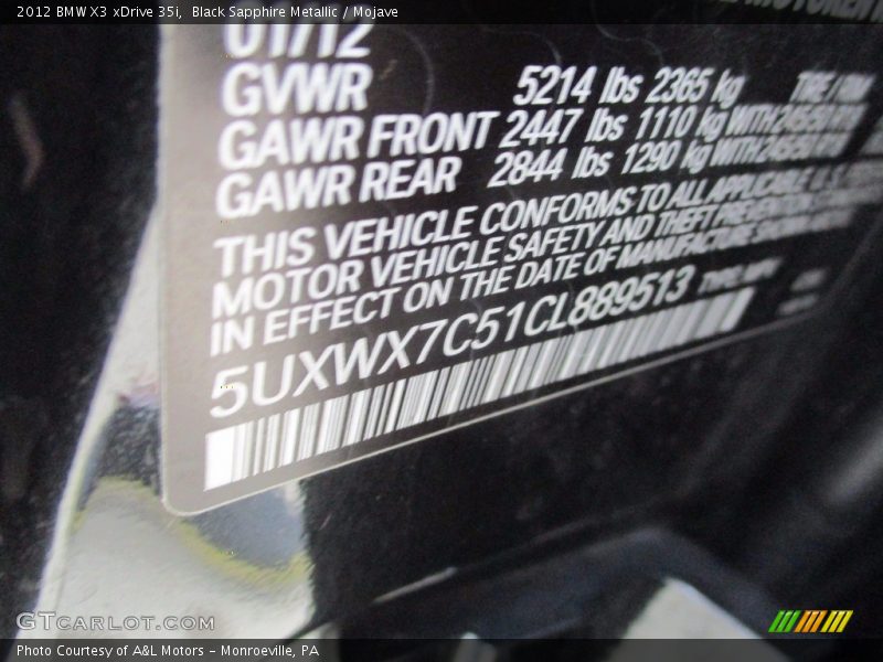 Black Sapphire Metallic / Mojave 2012 BMW X3 xDrive 35i
