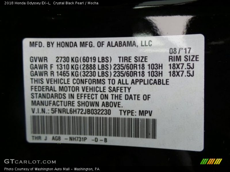 Crystal Black Pearl / Mocha 2018 Honda Odyssey EX-L