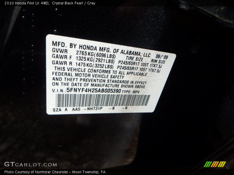 Crystal Black Pearl / Gray 2010 Honda Pilot LX 4WD