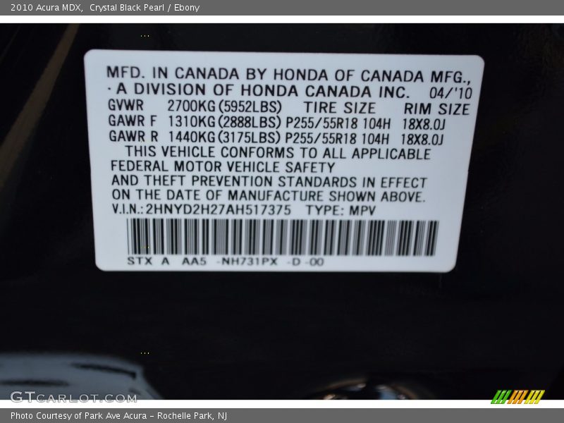 Crystal Black Pearl / Ebony 2010 Acura MDX