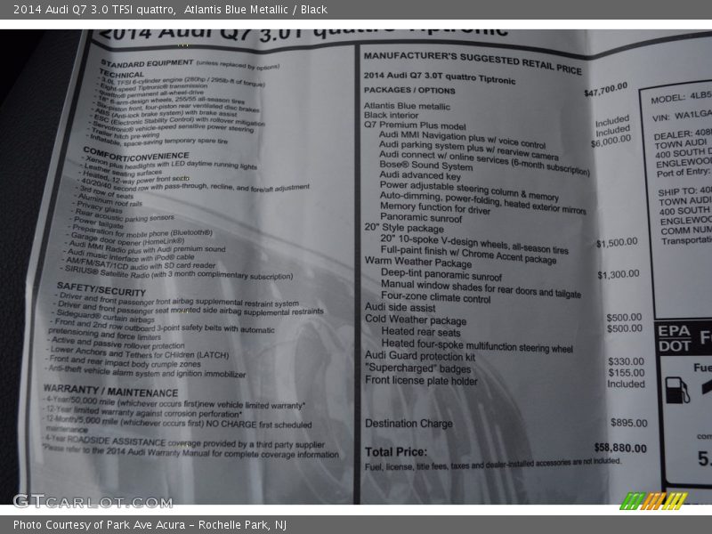 Atlantis Blue Metallic / Black 2014 Audi Q7 3.0 TFSI quattro