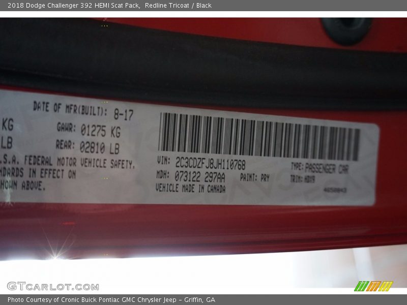 2018 Challenger 392 HEMI Scat Pack Redline Tricoat Color Code PRY