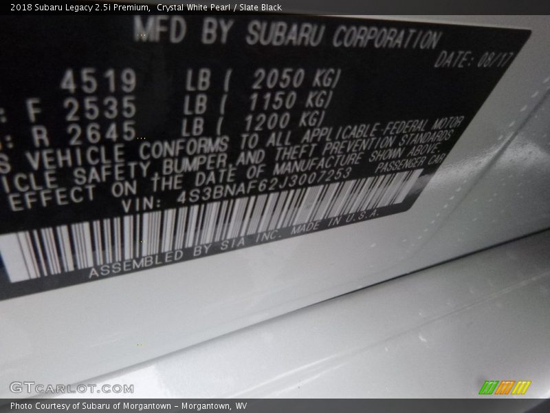 Crystal White Pearl / Slate Black 2018 Subaru Legacy 2.5i Premium