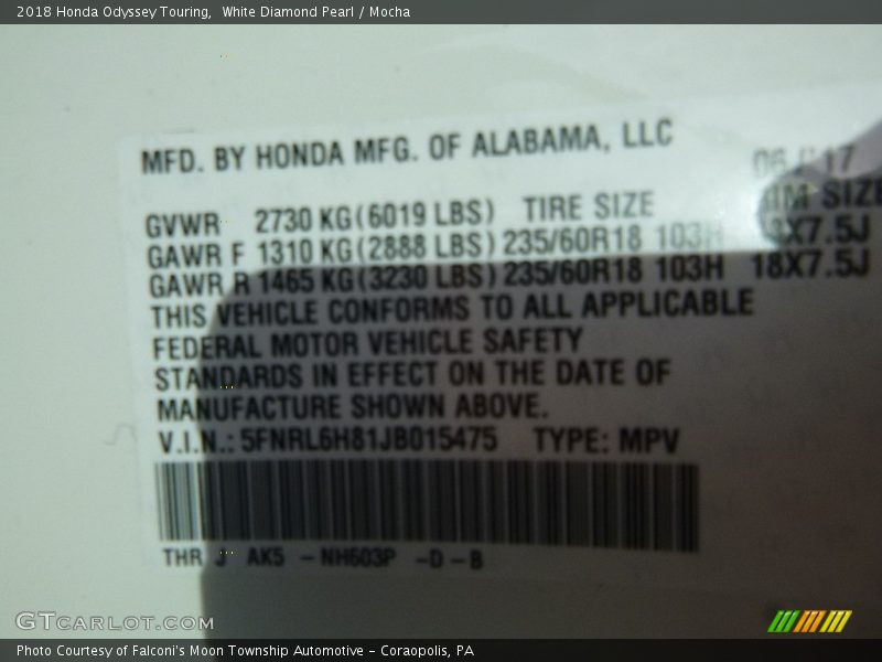 White Diamond Pearl / Mocha 2018 Honda Odyssey Touring