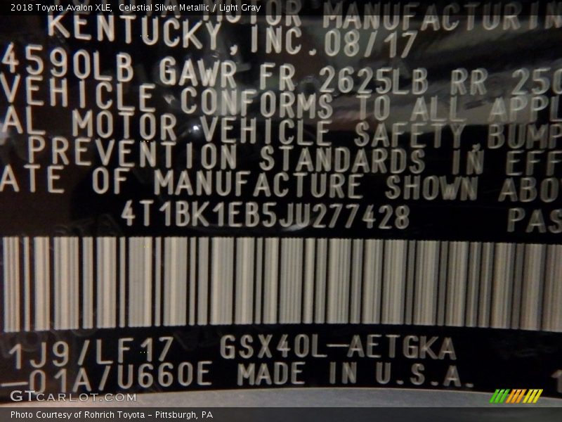 Celestial Silver Metallic / Light Gray 2018 Toyota Avalon XLE