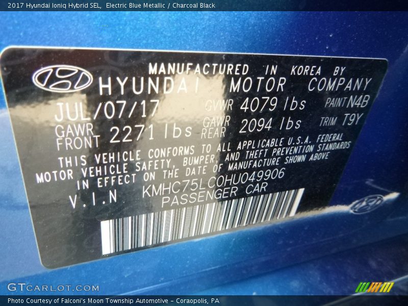 Electric Blue Metallic / Charcoal Black 2017 Hyundai Ioniq Hybrid SEL