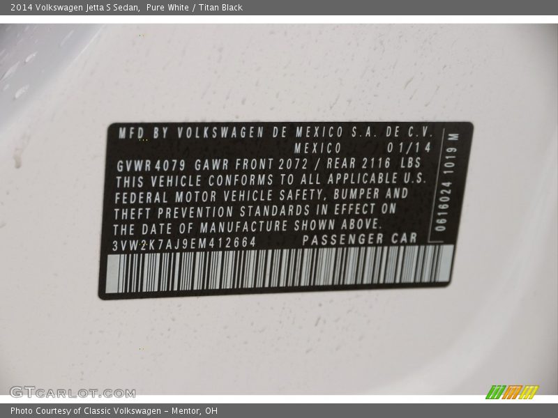 Pure White / Titan Black 2014 Volkswagen Jetta S Sedan