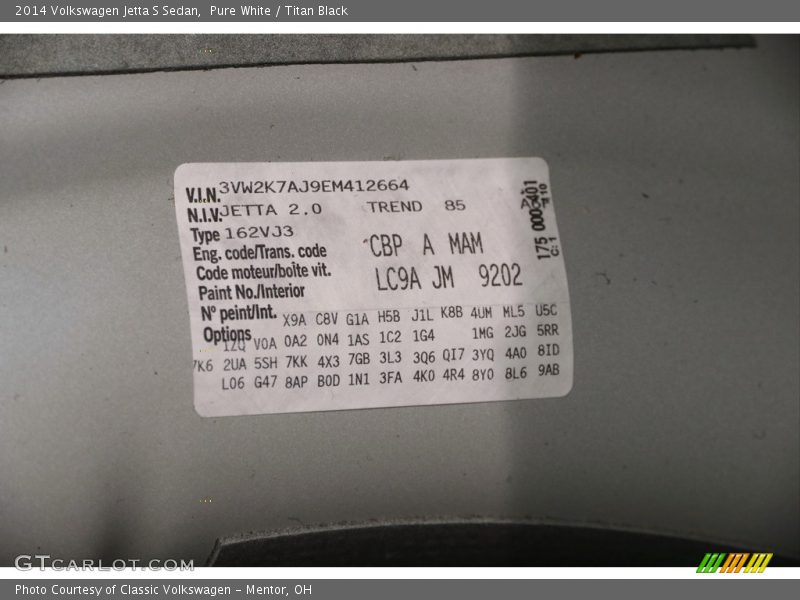 Pure White / Titan Black 2014 Volkswagen Jetta S Sedan