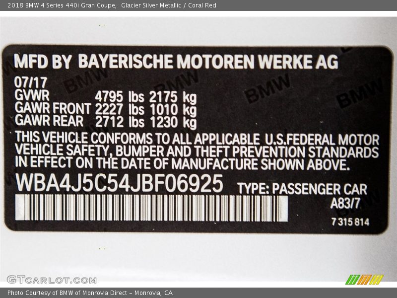 2018 4 Series 440i Gran Coupe Glacier Silver Metallic Color Code A83
