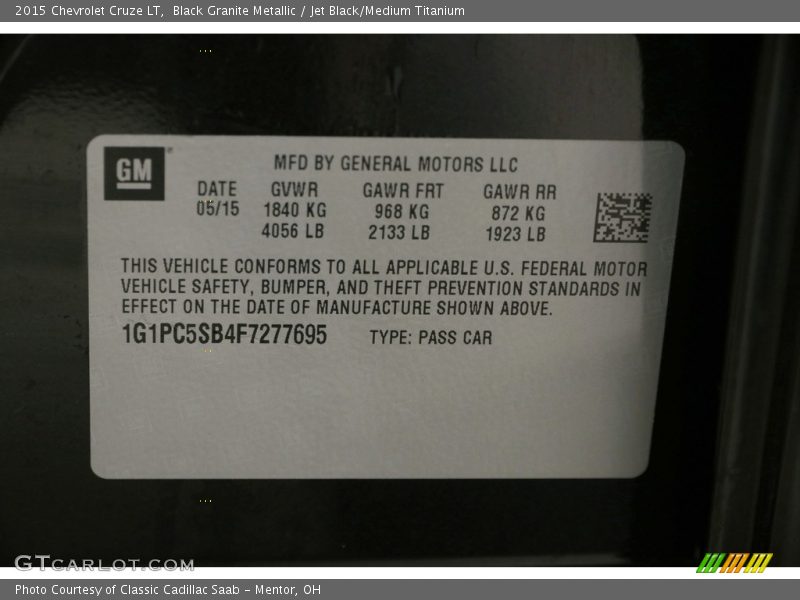 Black Granite Metallic / Jet Black/Medium Titanium 2015 Chevrolet Cruze LT