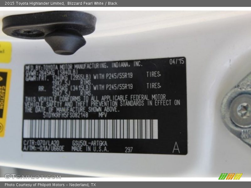 Blizzard Pearl White / Black 2015 Toyota Highlander Limited