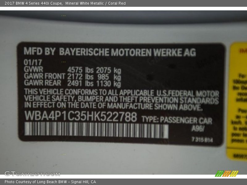 2017 4 Series 440i Coupe Mineral White Metallic Color Code A96