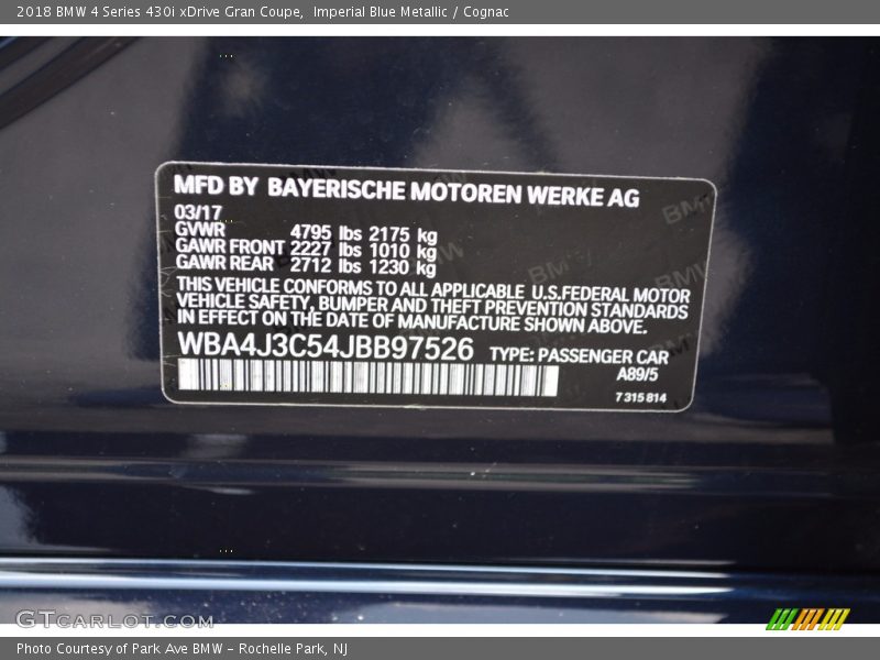 2018 4 Series 430i xDrive Gran Coupe Imperial Blue Metallic Color Code A89