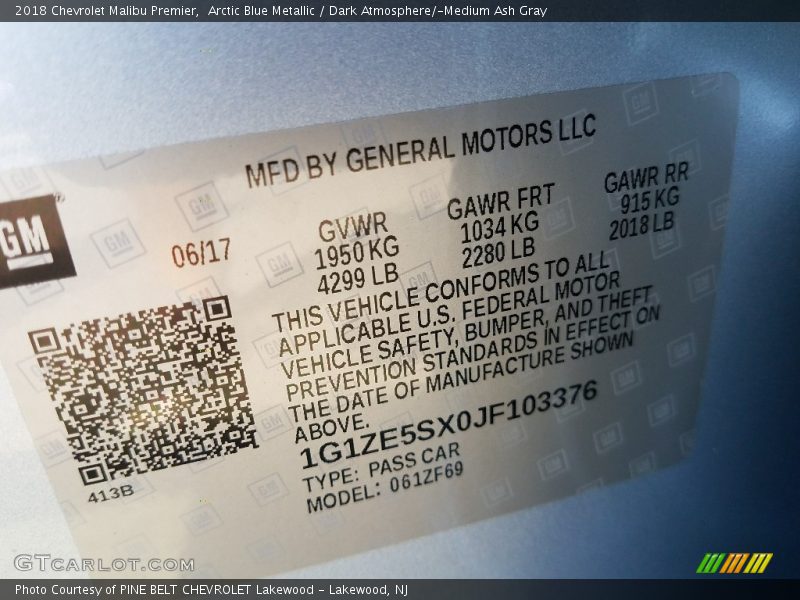Arctic Blue Metallic / Dark Atmosphere/­Medium Ash Gray 2018 Chevrolet Malibu Premier