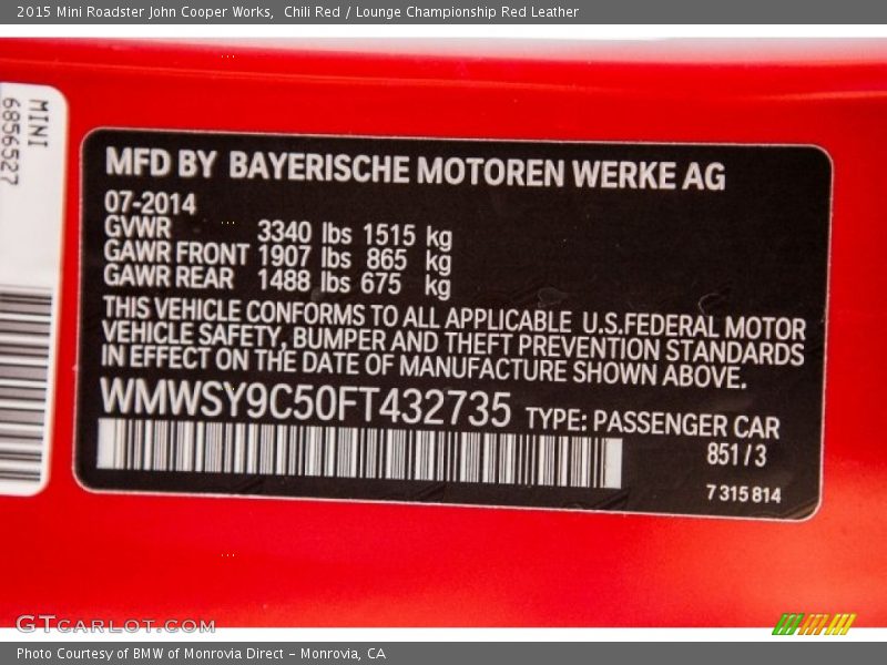 Chili Red / Lounge Championship Red Leather 2015 Mini Roadster John Cooper Works