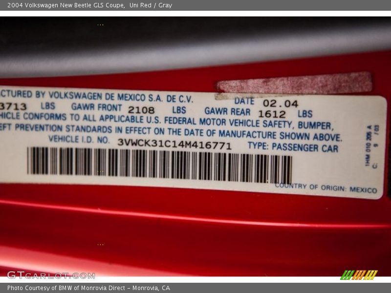 Uni Red / Gray 2004 Volkswagen New Beetle GLS Coupe