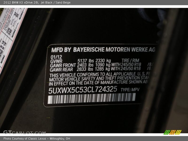 Jet Black / Sand Beige 2012 BMW X3 xDrive 28i