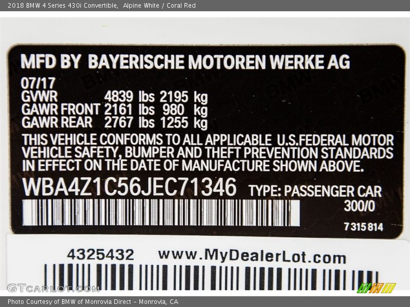 2018 4 Series 430i Convertible Alpine White Color Code 300