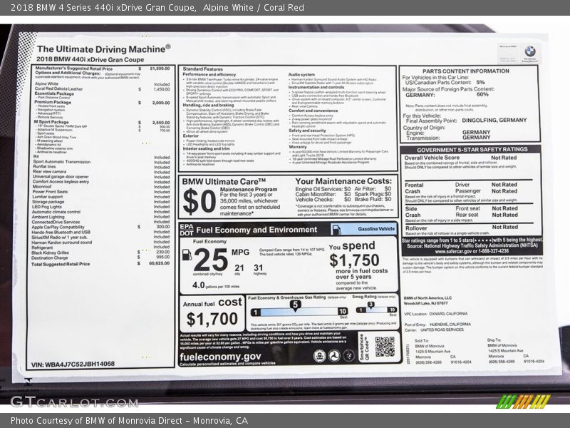 Alpine White / Coral Red 2018 BMW 4 Series 440i xDrive Gran Coupe