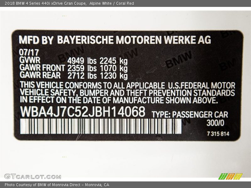 Alpine White / Coral Red 2018 BMW 4 Series 440i xDrive Gran Coupe