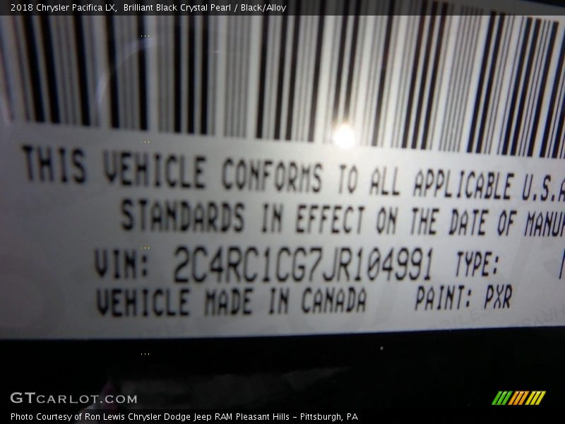 2018 Pacifica LX Brilliant Black Crystal Pearl Color Code PXR