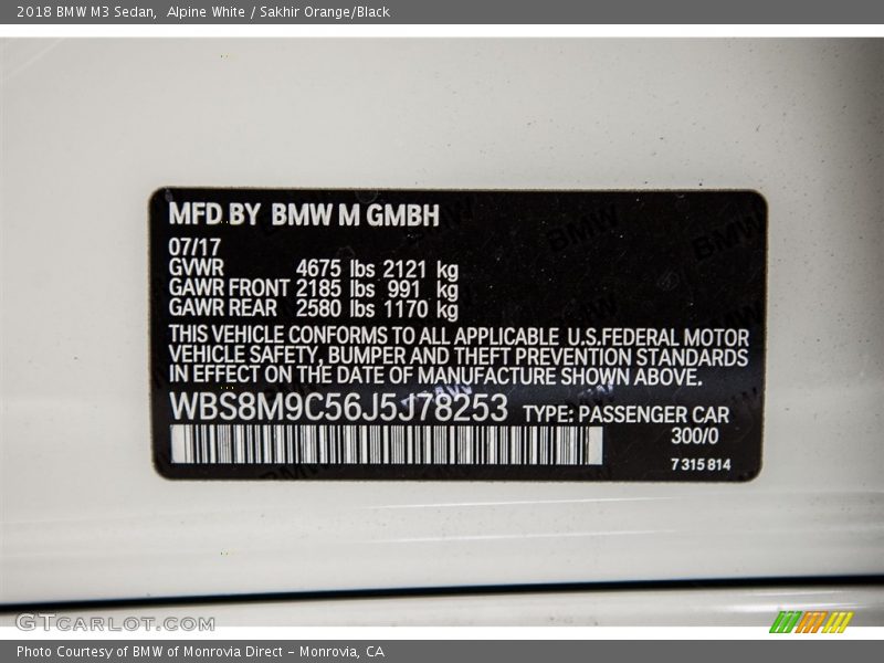 300 - 2018 BMW M3 Sedan