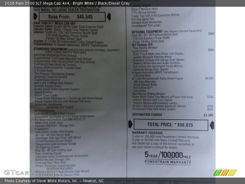 Bright White / Black/Diesel Gray 2018 Ram 2500 SLT Mega Cab 4x4