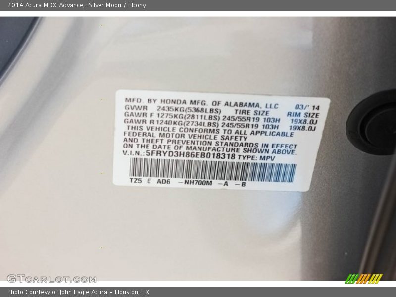 Silver Moon / Ebony 2014 Acura MDX Advance