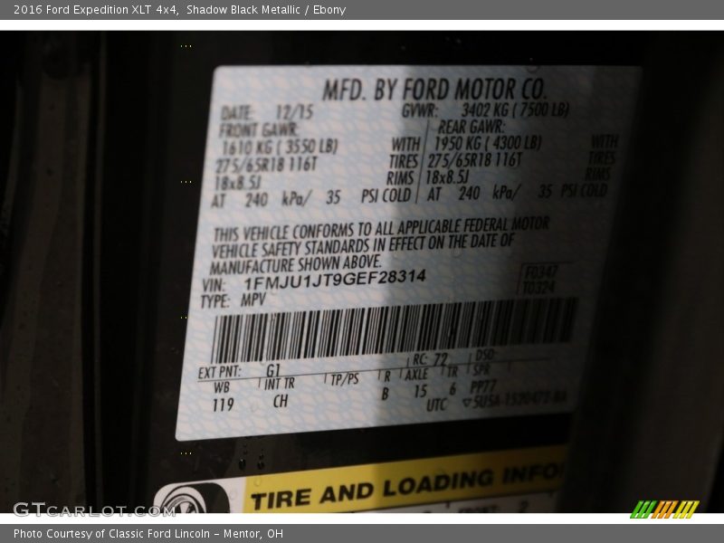 2016 Expedition XLT 4x4 Shadow Black Metallic Color Code G1