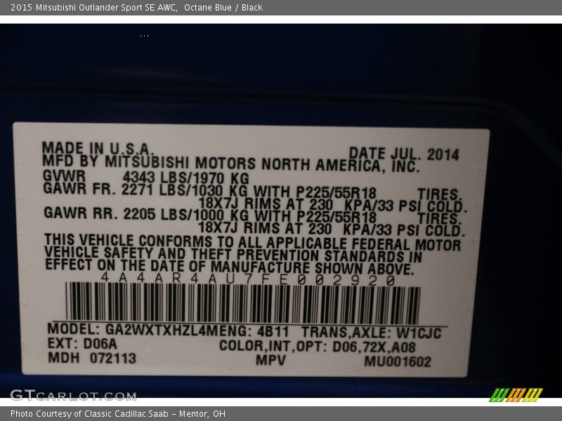Octane Blue / Black 2015 Mitsubishi Outlander Sport SE AWC