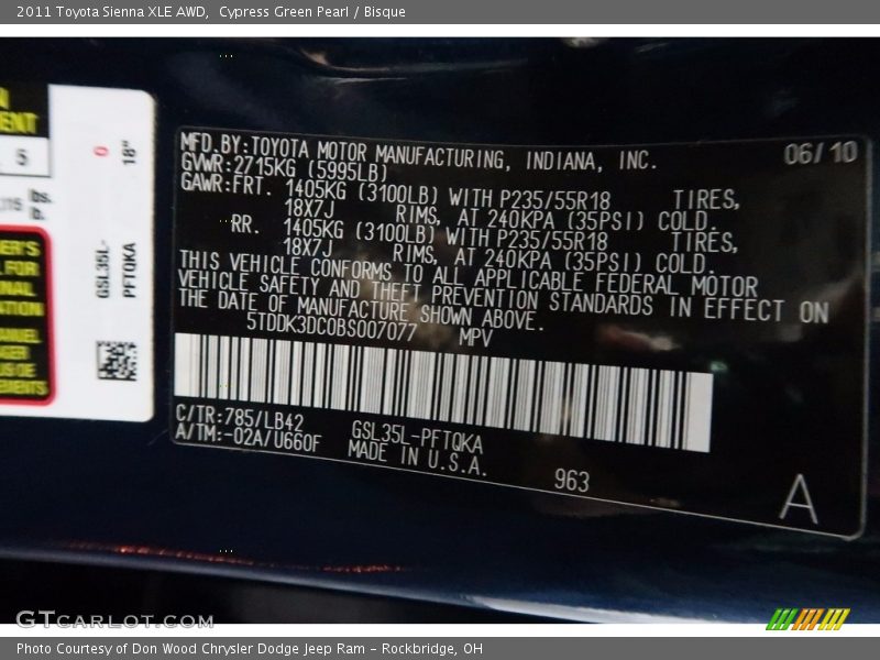 Cypress Green Pearl / Bisque 2011 Toyota Sienna XLE AWD